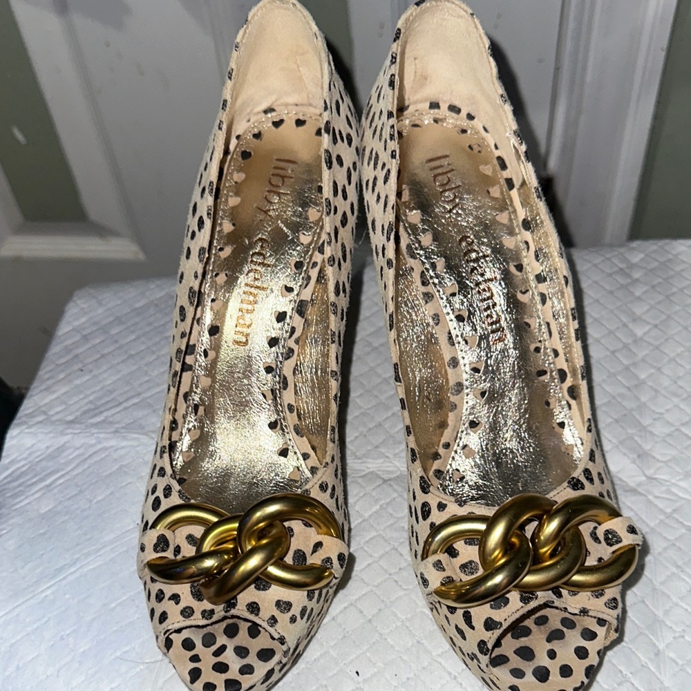 libby. edelman Gold and Cream Polka Dot Heels